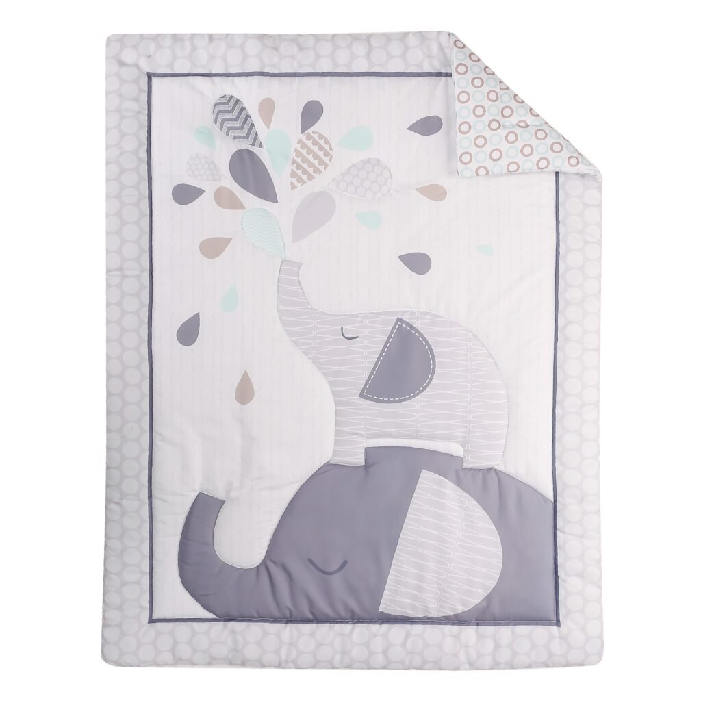 Boobeyeh 5-piece grey and white elephant crib bedding set